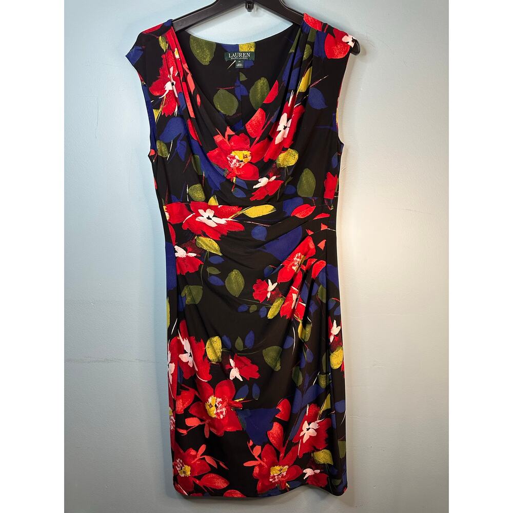 Lauren Ralph Lauren floral-print cowl-neck jersey dress, a sheath-style Size 14